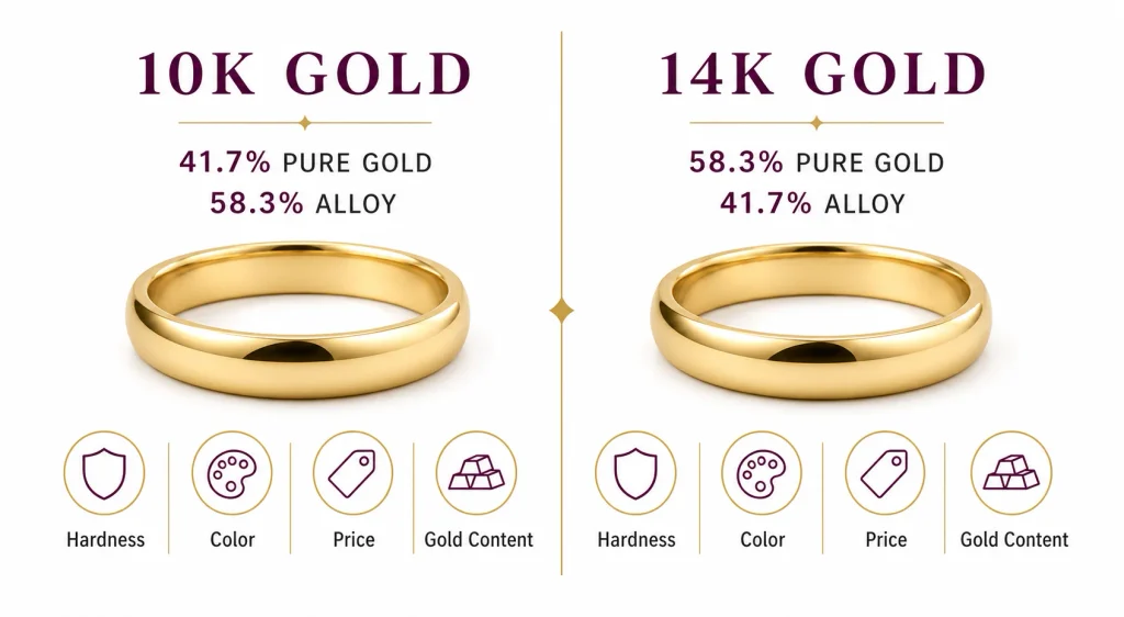 10K vs 14K gold comparison of purity color hardness and price