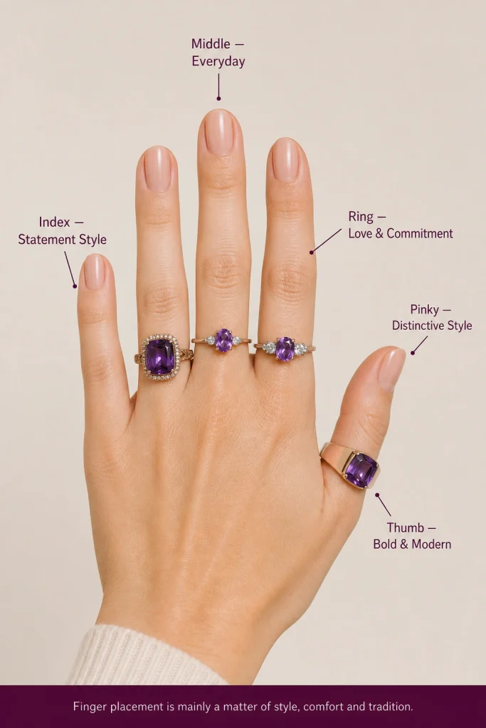 Amethyst ring finger placement guide showing middle, ring, index, pinky and thumb options