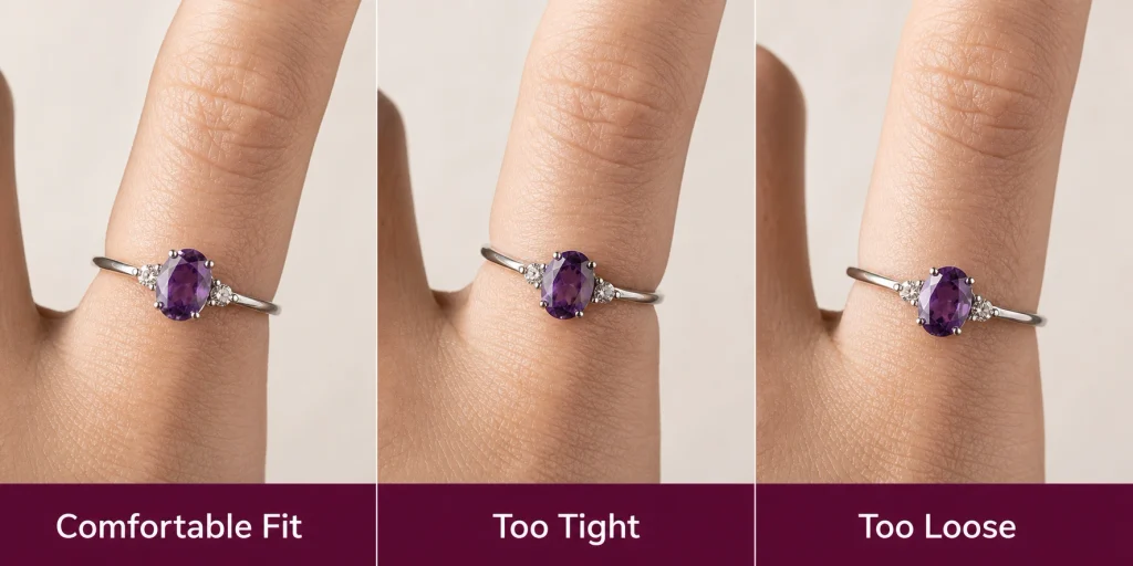 Amethyst ring fit guide showing comfortable and overly tight ring placement