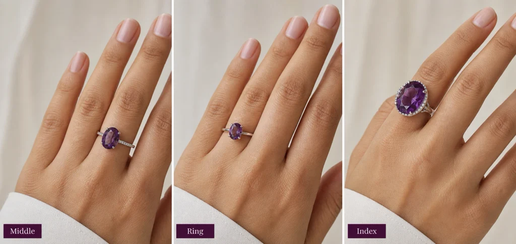 Amethyst rings styled on the middle, ring and index fingers