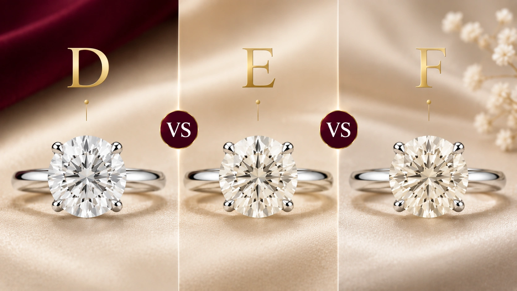D vs E vs F diamond color comparison showing the differences in diamond color grades