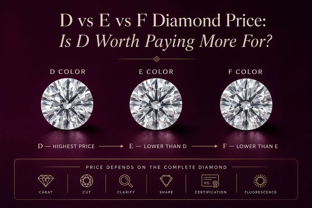 D, E, and F are all colorless diamond grades, but D typically commands the highest price.