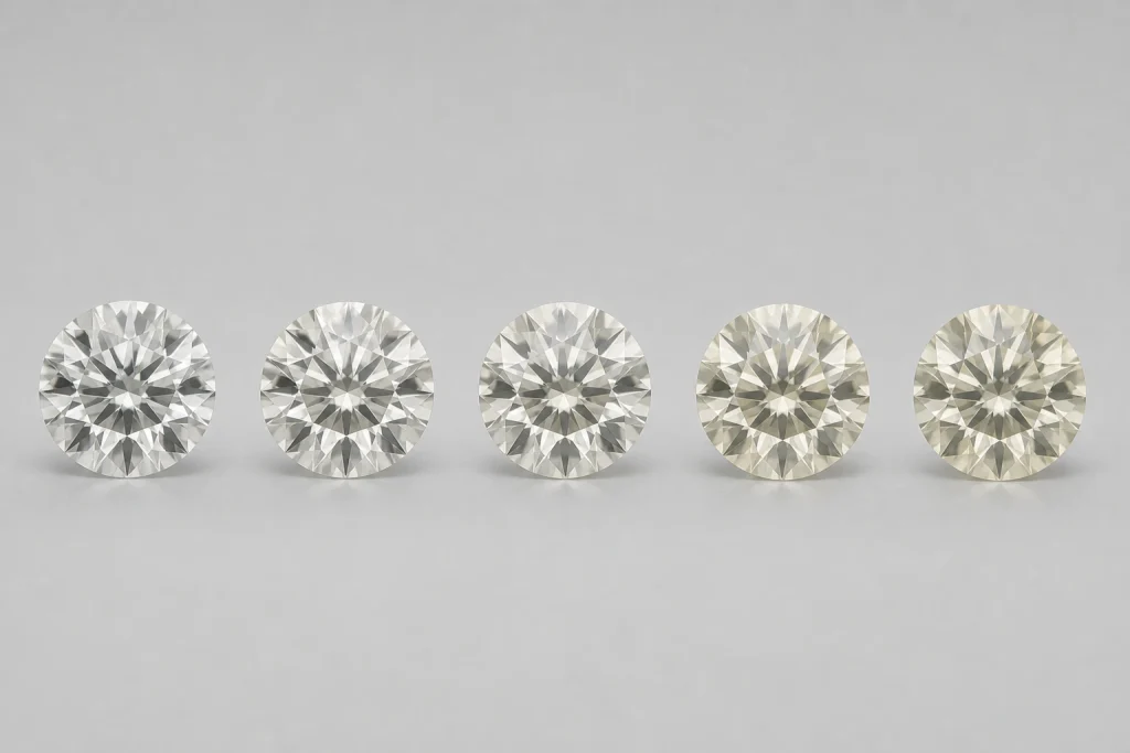 D G H I and J diamond color comparison from colorless to warmer tones