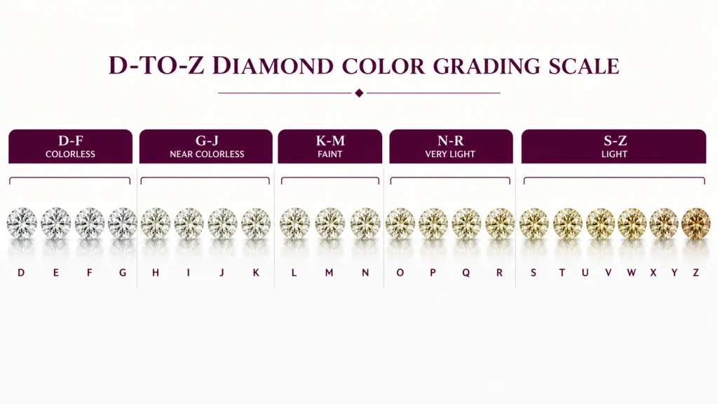 Diamond color scale from D colorless to Z showing increasing warmth