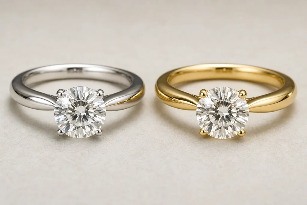 Same diamond shown in white gold and yellow gold settings