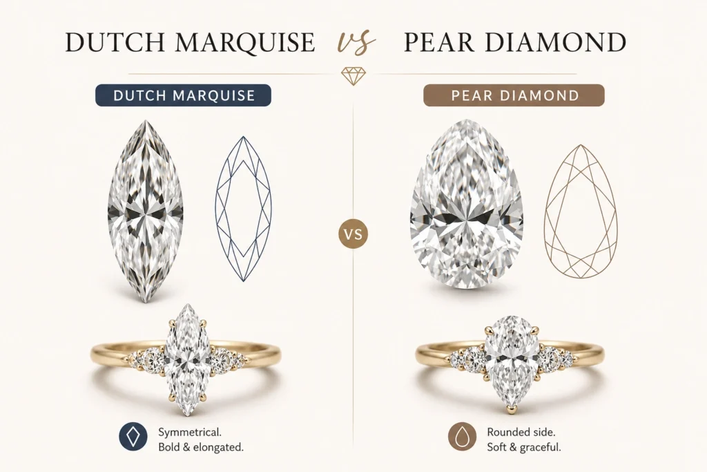 Dutch Marquise vs Pear diamond comparison showing the symmetrical pointed Marquise shape and softer rounded Pear shape, with engagement ring examples