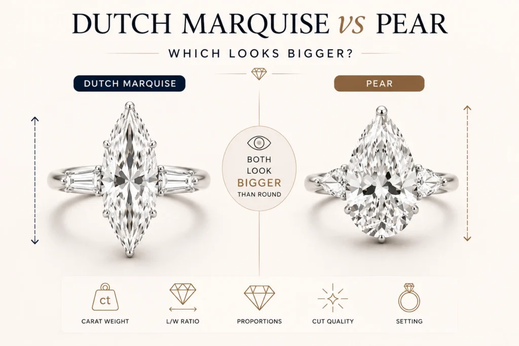 Dutch Marquise vs Pear diamond engagement rings compared for visual size, showing why elongated diamond shapes can appear larger than round diamonds.