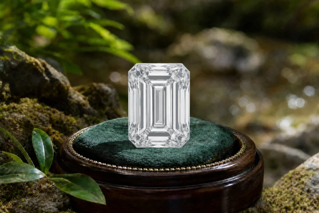 Emerald cut diamond with elegant step-cut facets and rectangular shape
