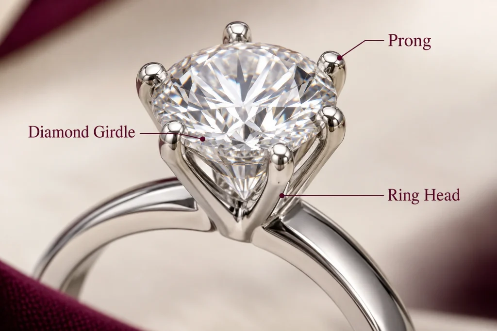 Engagement ring prongs holding a diamond around its girdle