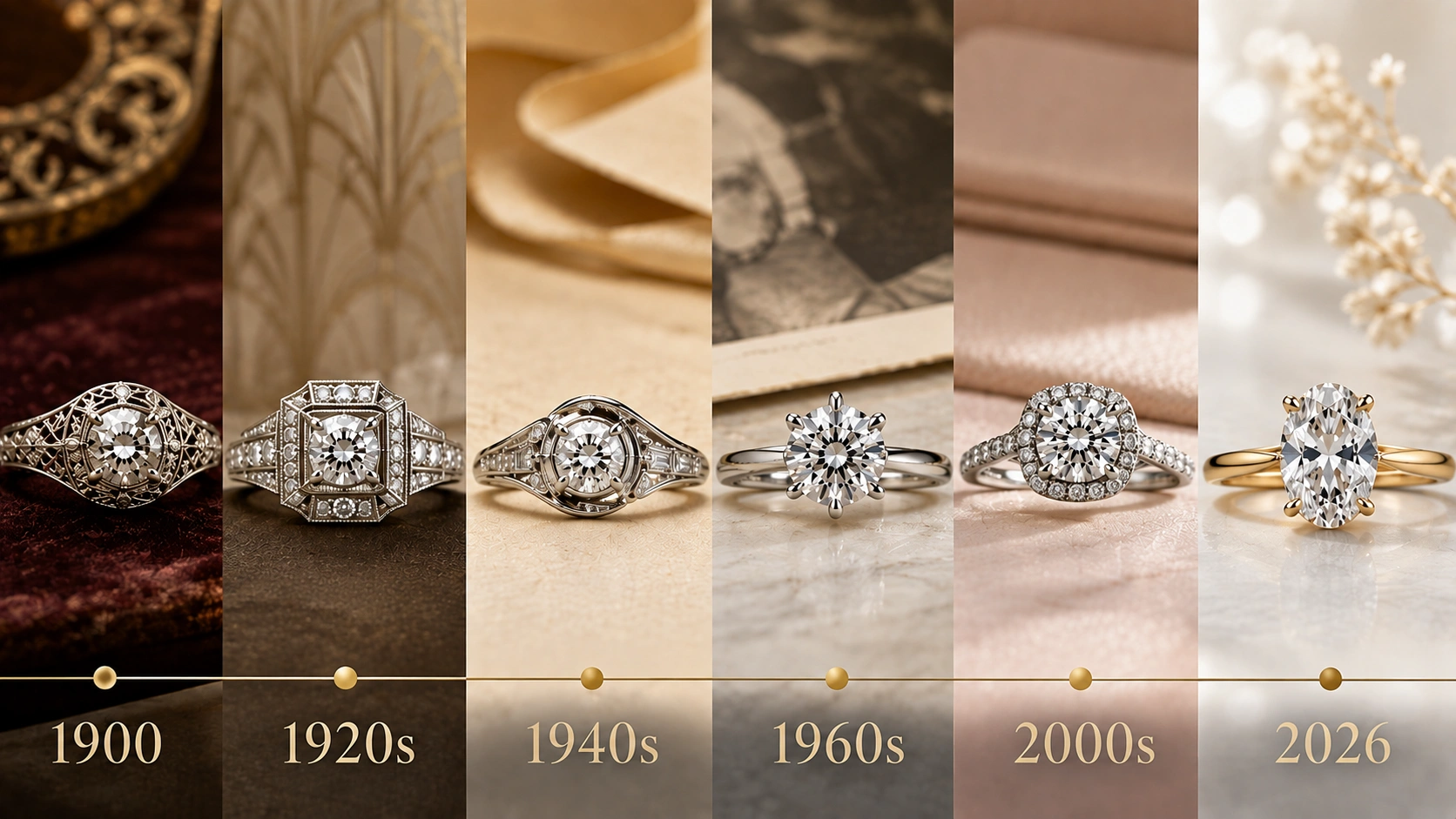 Evolution of engagement rings from 1900 to 2026 showing changing styles and designs