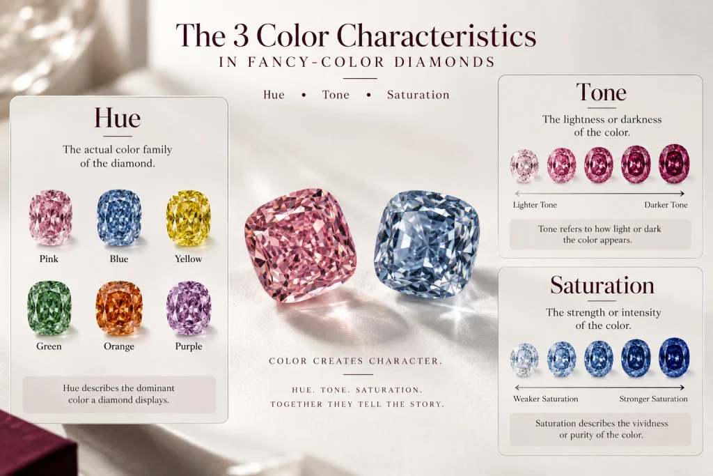 Diagram explaining hue, tone, and saturation in pink and blue diamonds