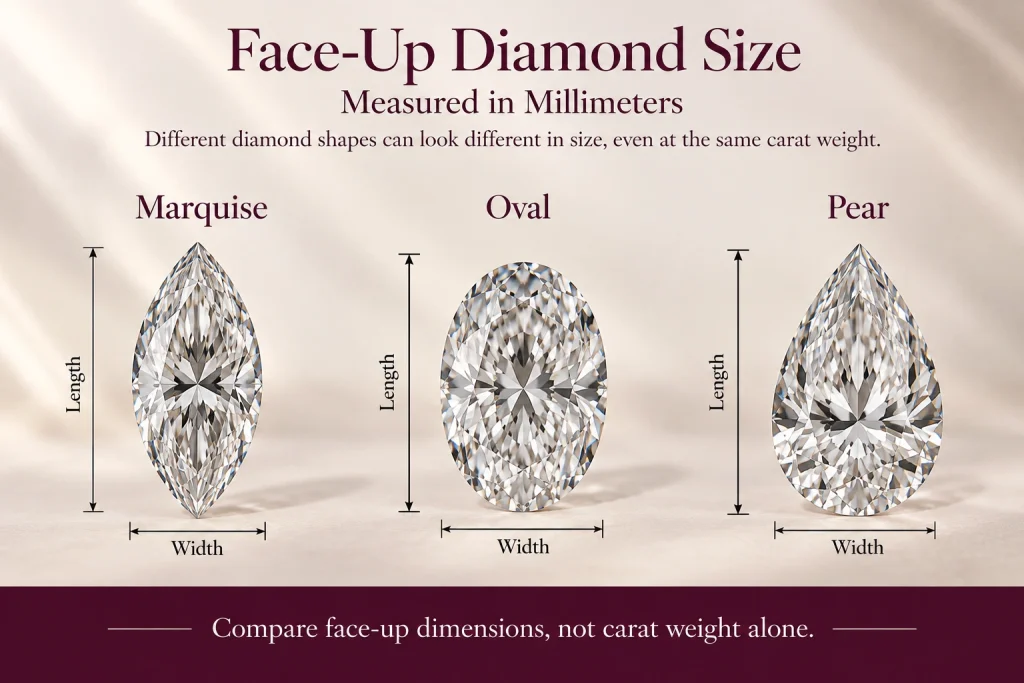 Face-up size comparison of marquise, oval, and pear diamonds