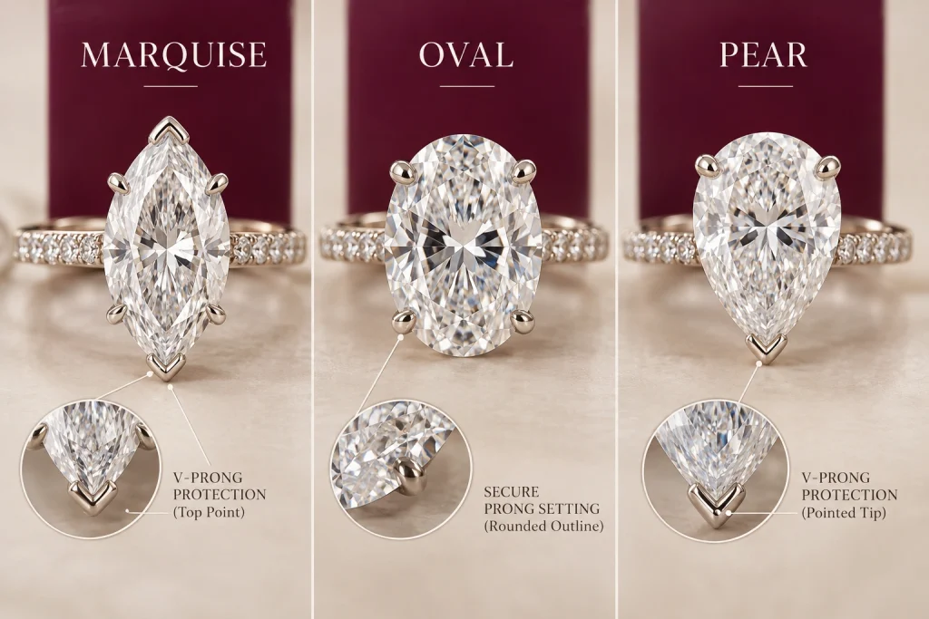 Point protection for marquise, oval, and pear diamond rings