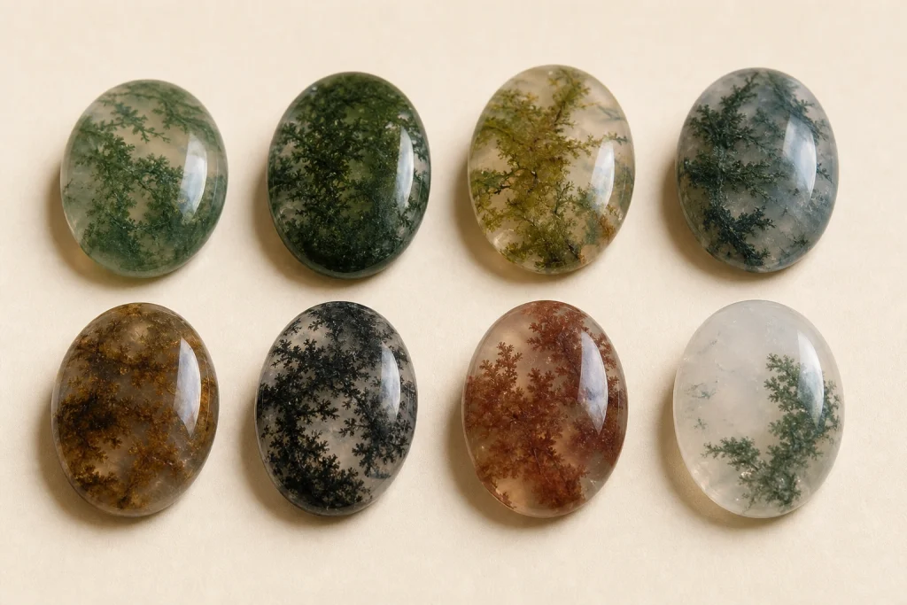 Moss agate gemstones in green, brown, black and reddish natural patterns
