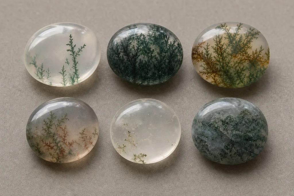 Six moss agate gemstones showing different natural internal patterns