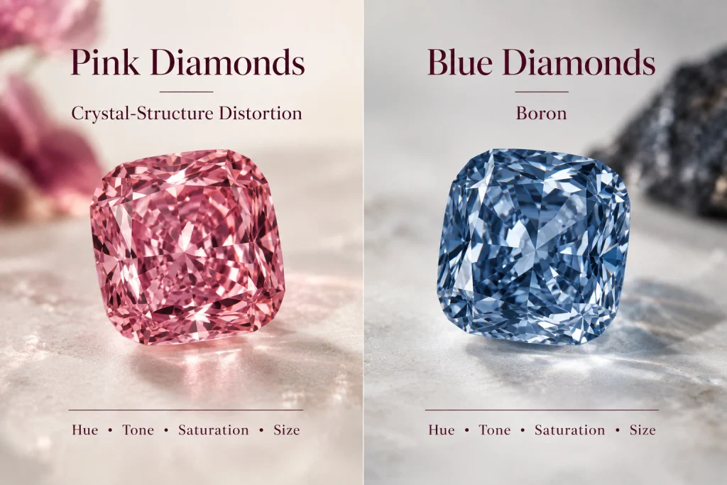 Pink vs blue diamonds comparison showing color causes and value factors
