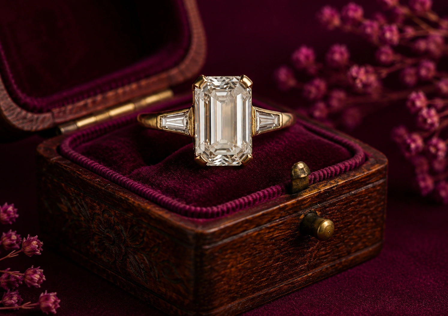 Portrait cut diamond engagement ring in a vintage jewelry box
