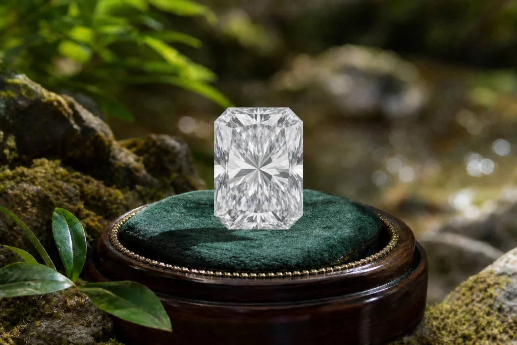 Radiant cut diamond with brilliant facets and a rectangular shape