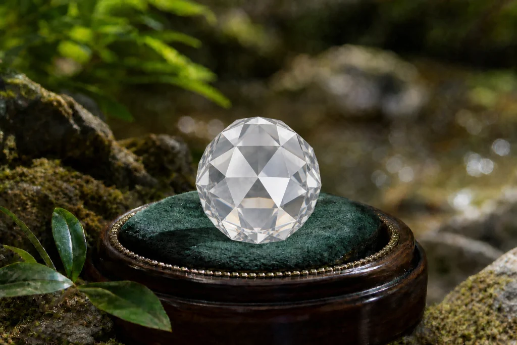 Rose cut diamond shape with flat facets and soft vintage sparkle