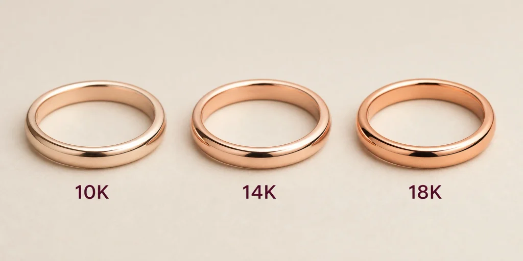 Rose gold bands showing different color tones by karat