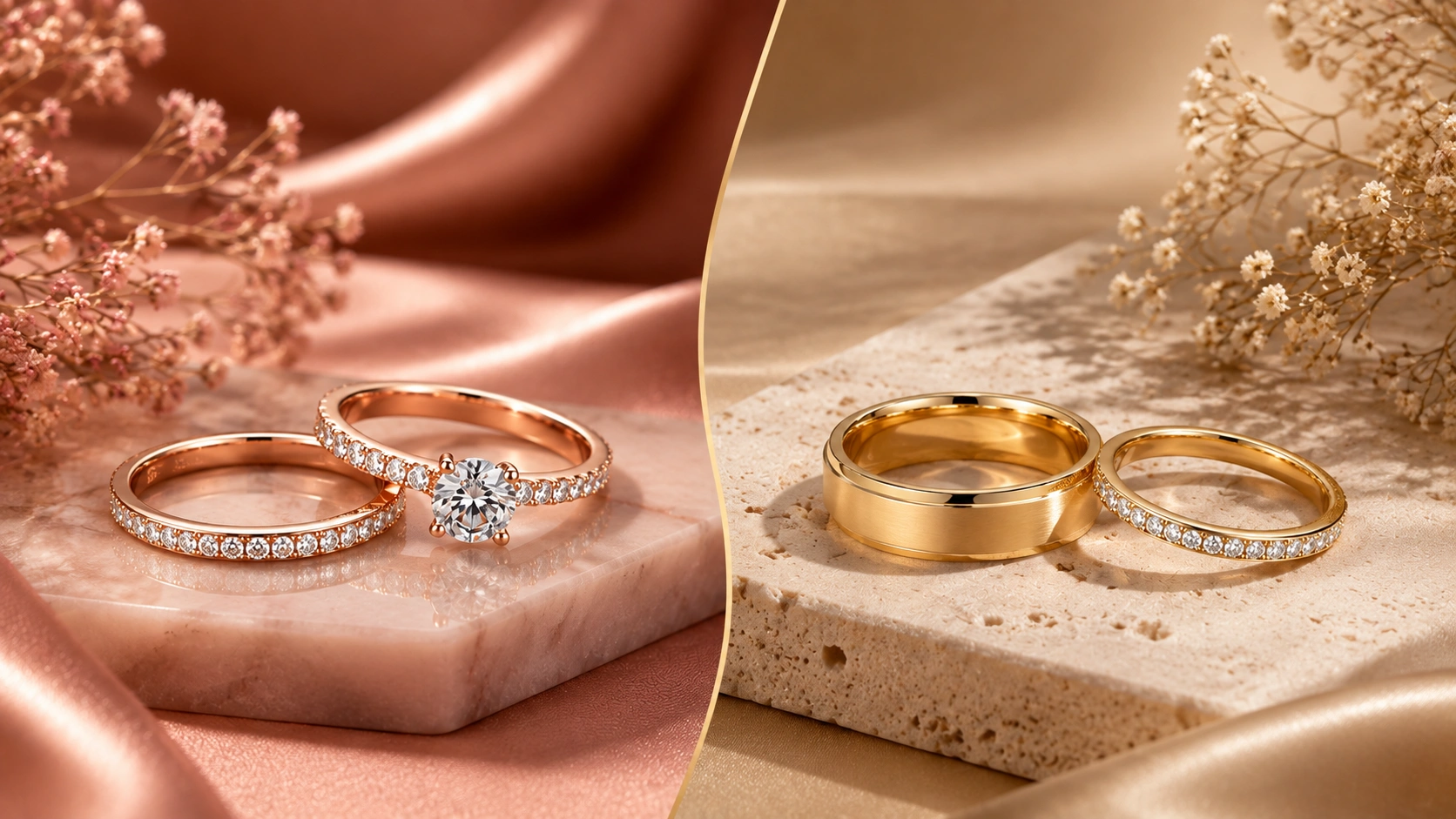 Rose gold and yellow gold diamond rings displayed side by side in a luxury jewelry setting