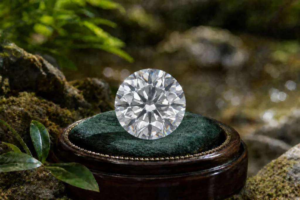Round brilliant cut diamond shape with symmetrical facets and bright sparkle