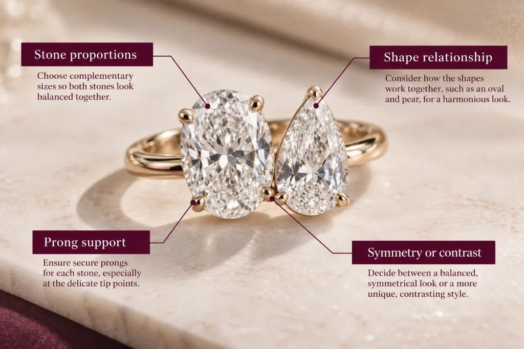 Toi et Moi ring buying considerations including stone proportions and prong support