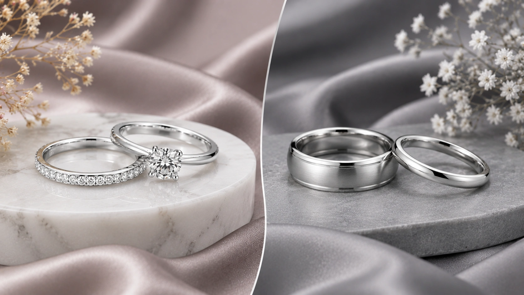 White gold and platinum diamond rings displayed side by side in an elegant luxury jewelry setting