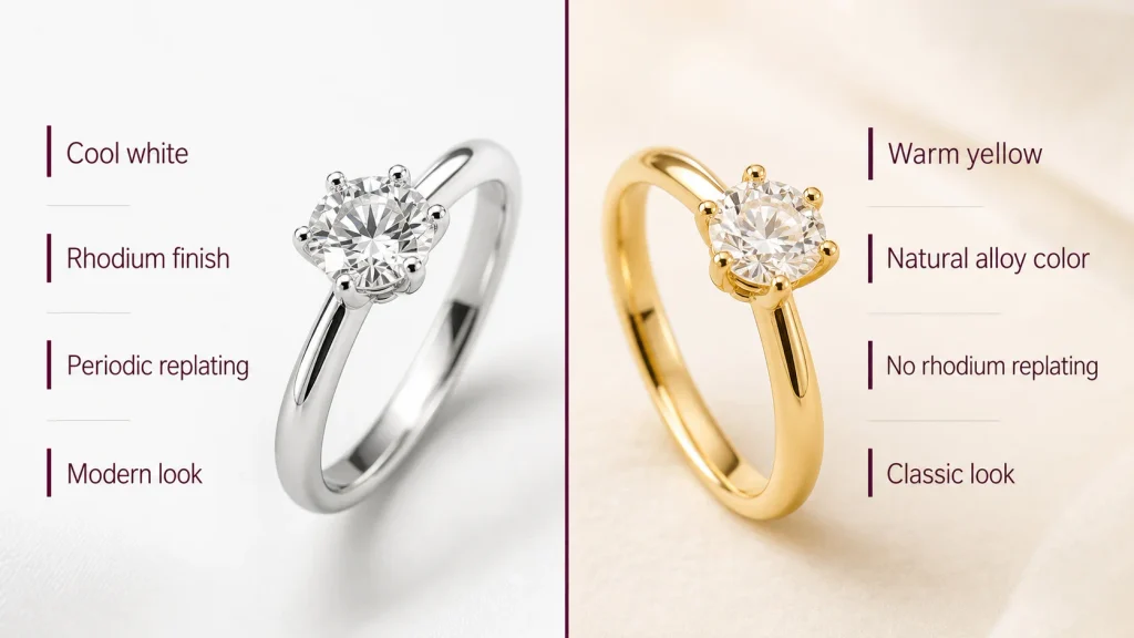 White gold vs yellow gold comparison of color maintenance and style