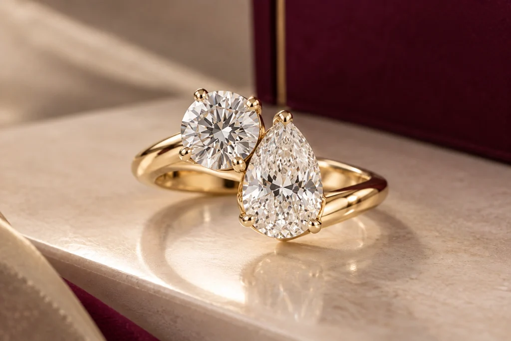 Two contrasting gemstones representing the symbolism of a Toi et Moi ring