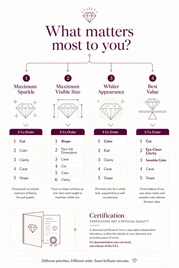 Diamond buying guide showing which 5 Cs to prioritize for different goals