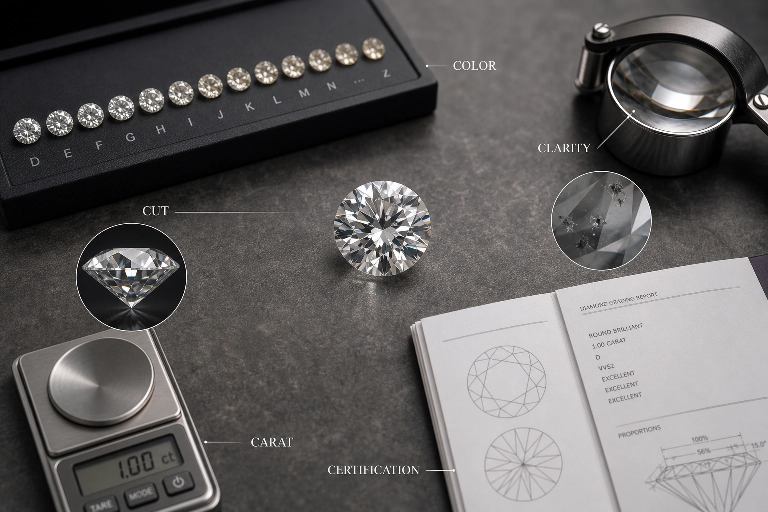 5 Cs of diamonds showing cut color clarity carat and certification