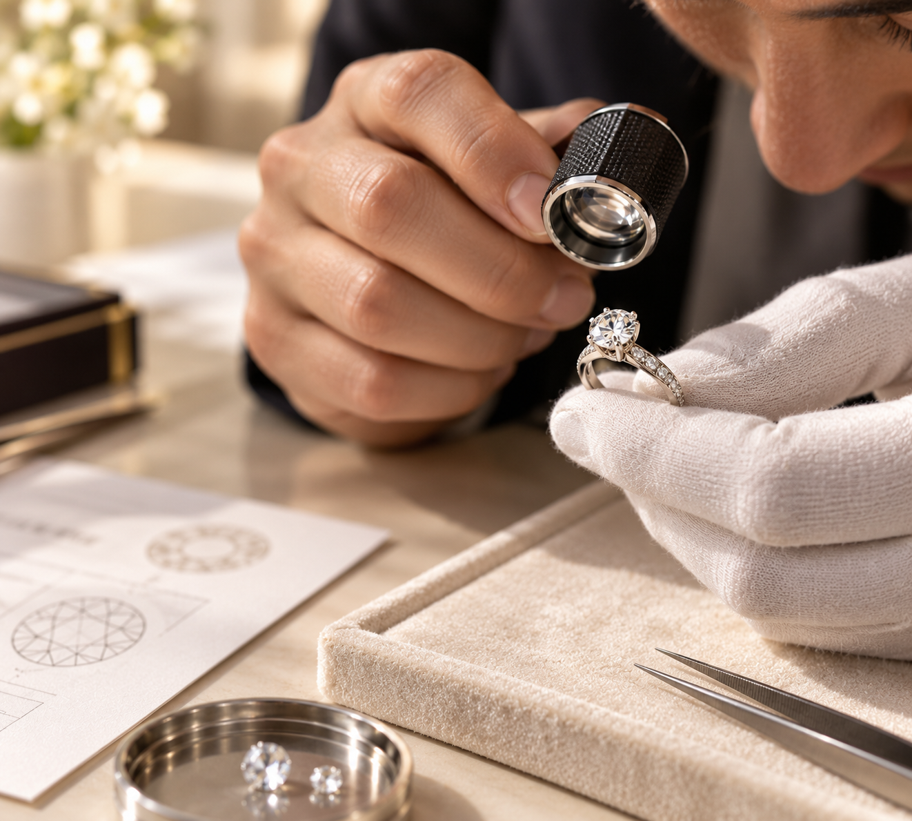 Jeweller inspecting a diamond engagement ring before purchase