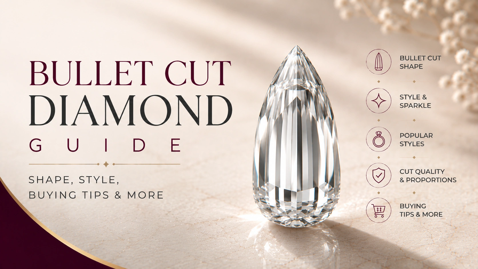 Sleek bullet cut diamond with a curved end