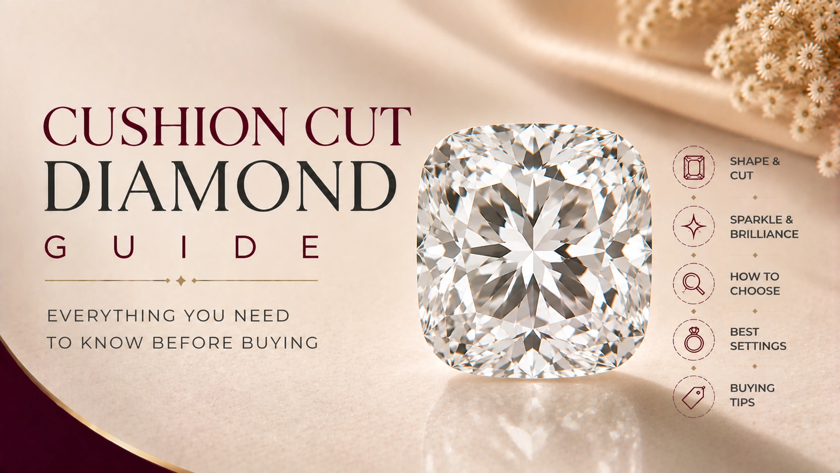 Soft, rounded cushion cut diamond with large facets