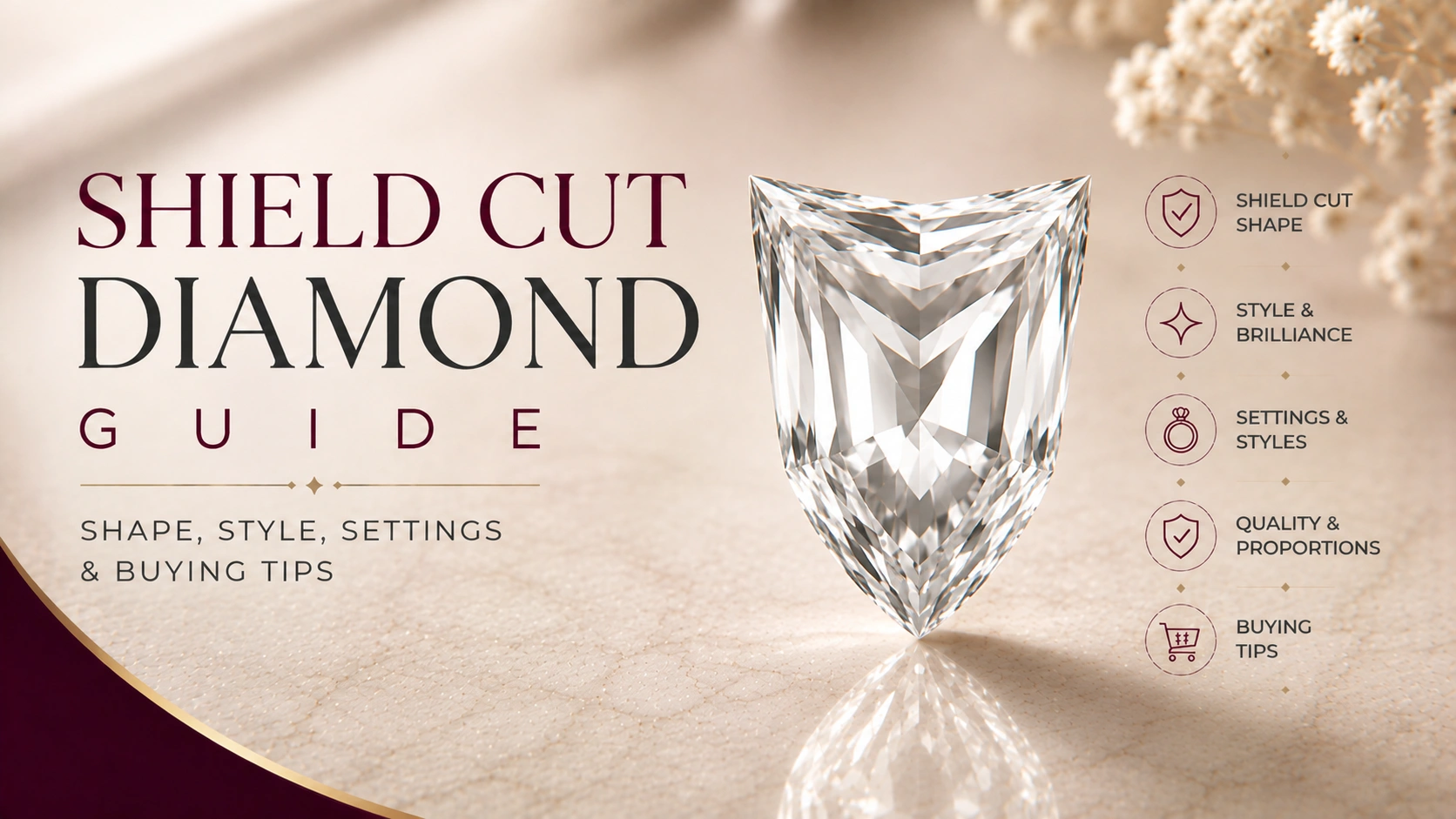 Shield cut diamond with a broad top and tapered point