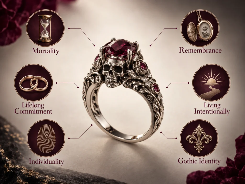 Skull engagement ring symbolism including mortality remembrance and commitment