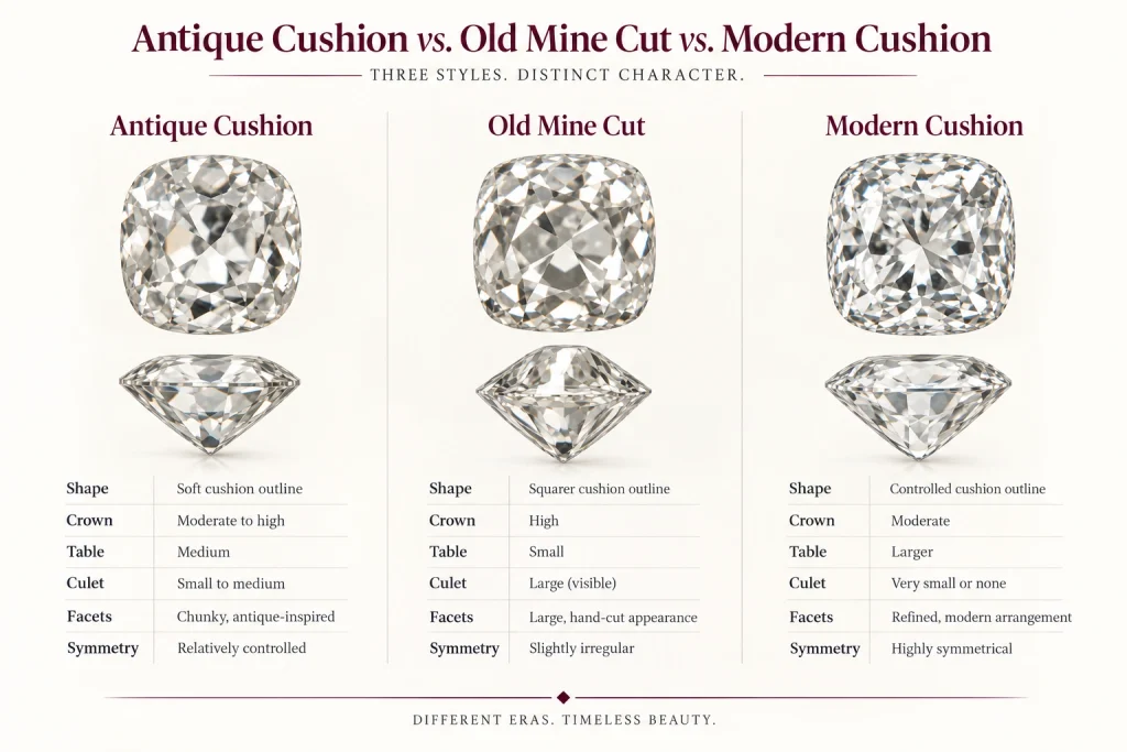 Antique Cushion Old Mine Cut and Modern Cushion diamond comparison
