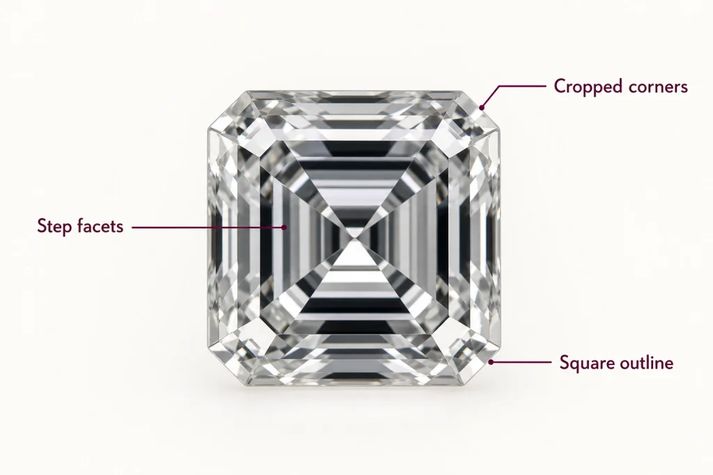 Asscher cut diamond shape showing cropped corners and step-cut facets