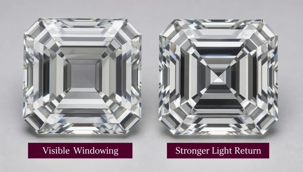 Asscher cut diamond windowing comparison showing strong and weak light performance