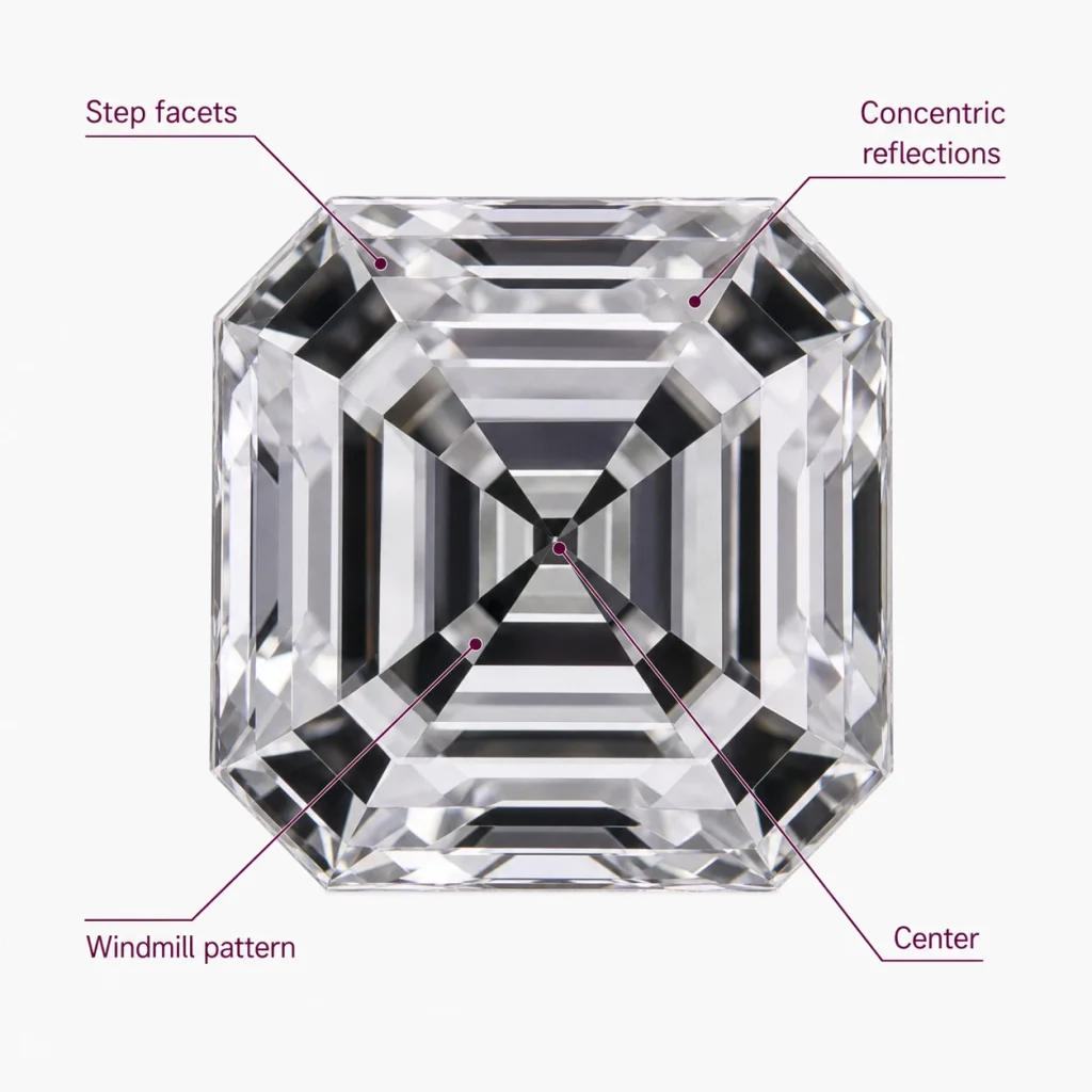 Asscher cut diamond facet anatomy and hall of mirrors effect