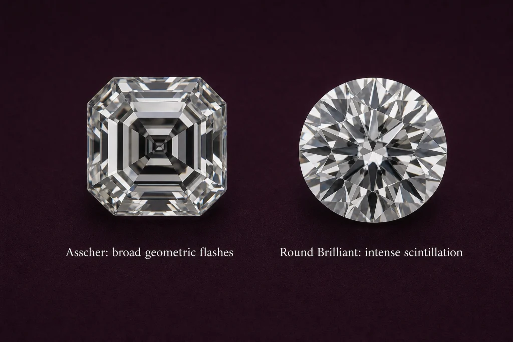 Asscher step cut vs round brilliant diamond faceting comparison