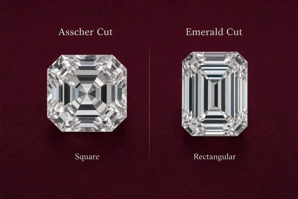 Asscher cut vs emerald cut diamond shape and facet comparison