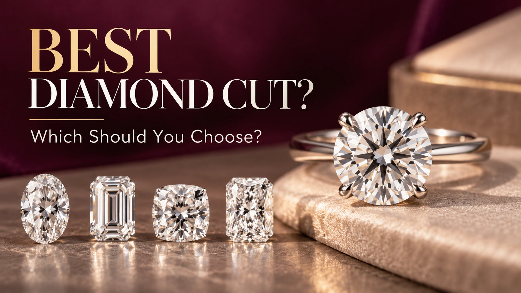 Best diamond cut for an engagement ring showing a round brilliant and popular diamond shapes