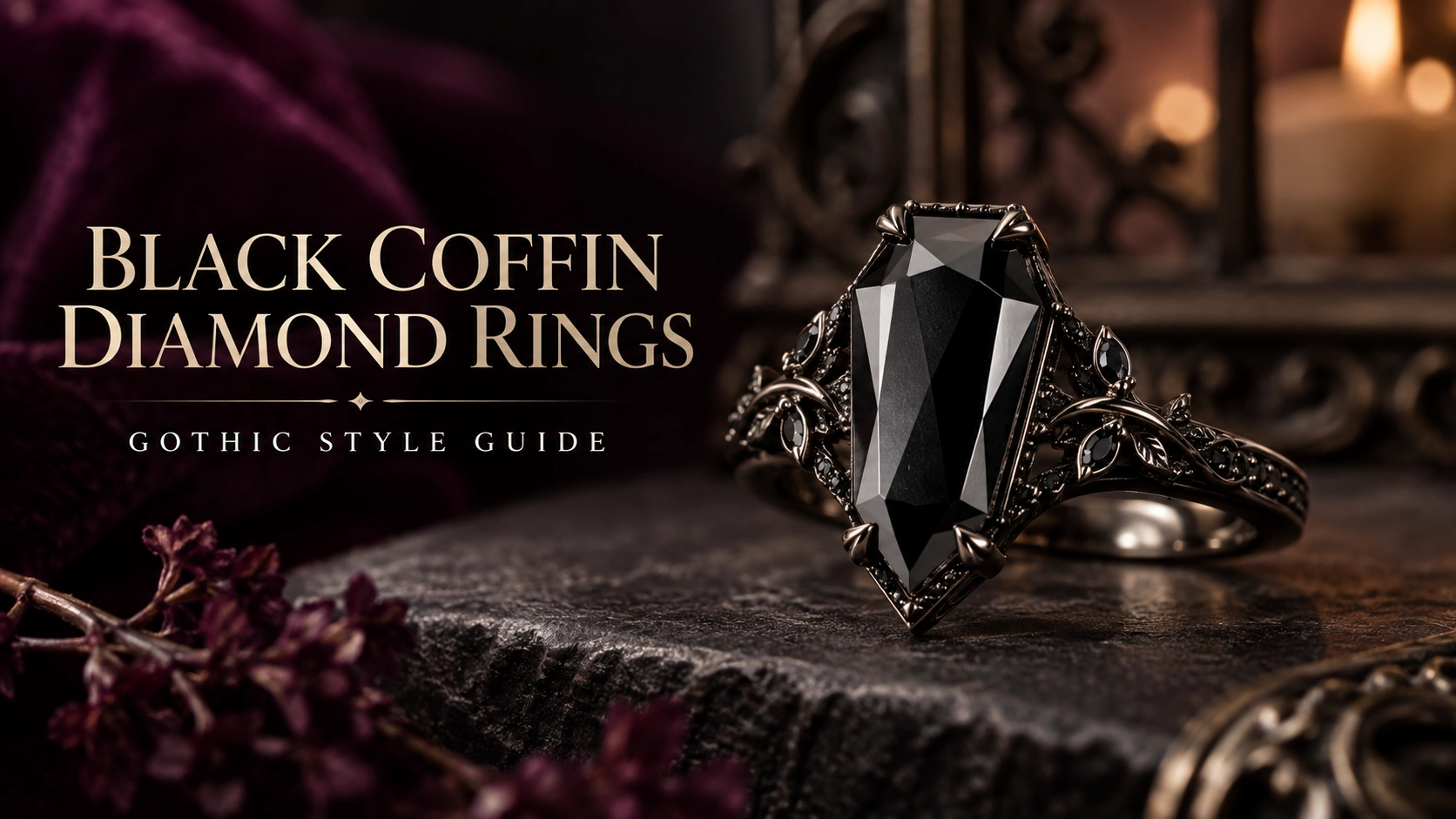 Black coffin diamond ring with gothic-inspired detailing on a dark luxury background