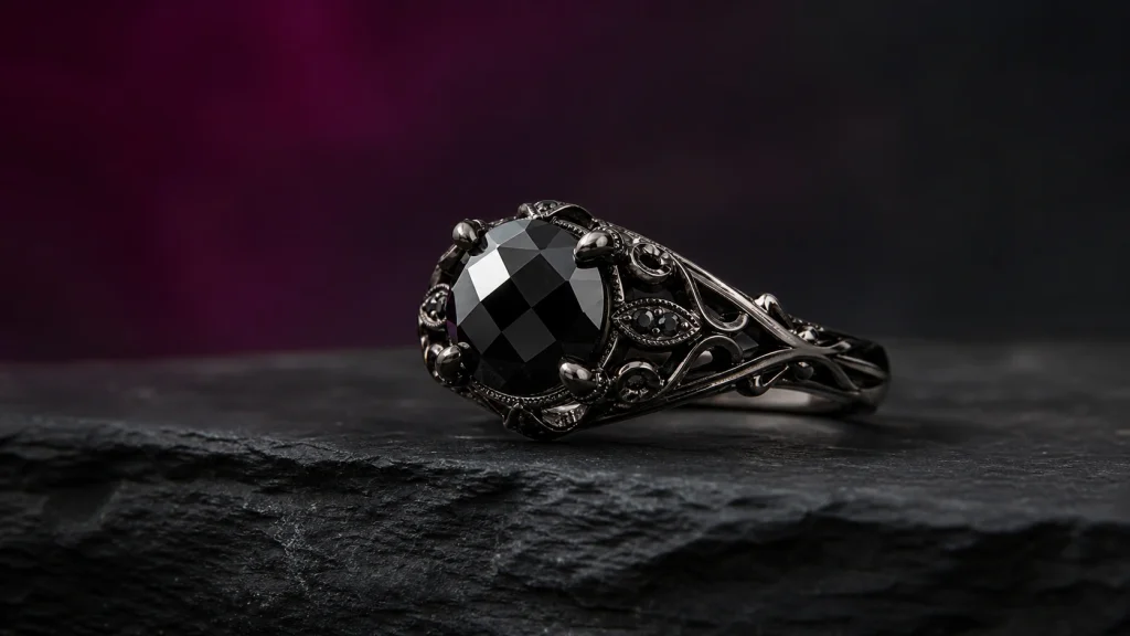 Black diamond Gothic engagement ring representing strength mystery and individuality