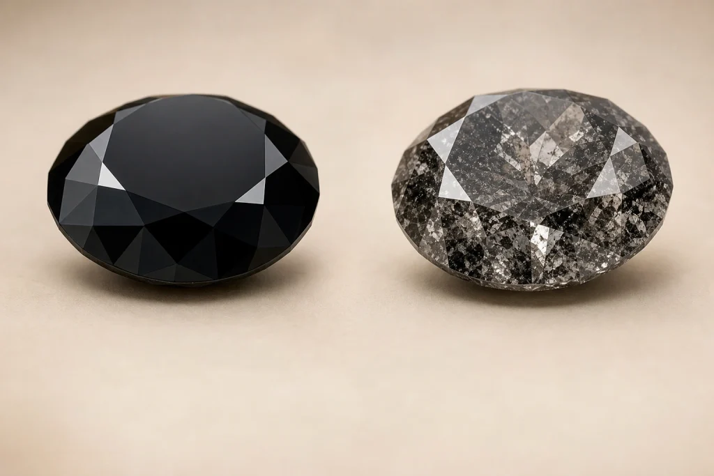 Black diamond uniform dark appearance compared with salt-and-pepper inclusion pattern
