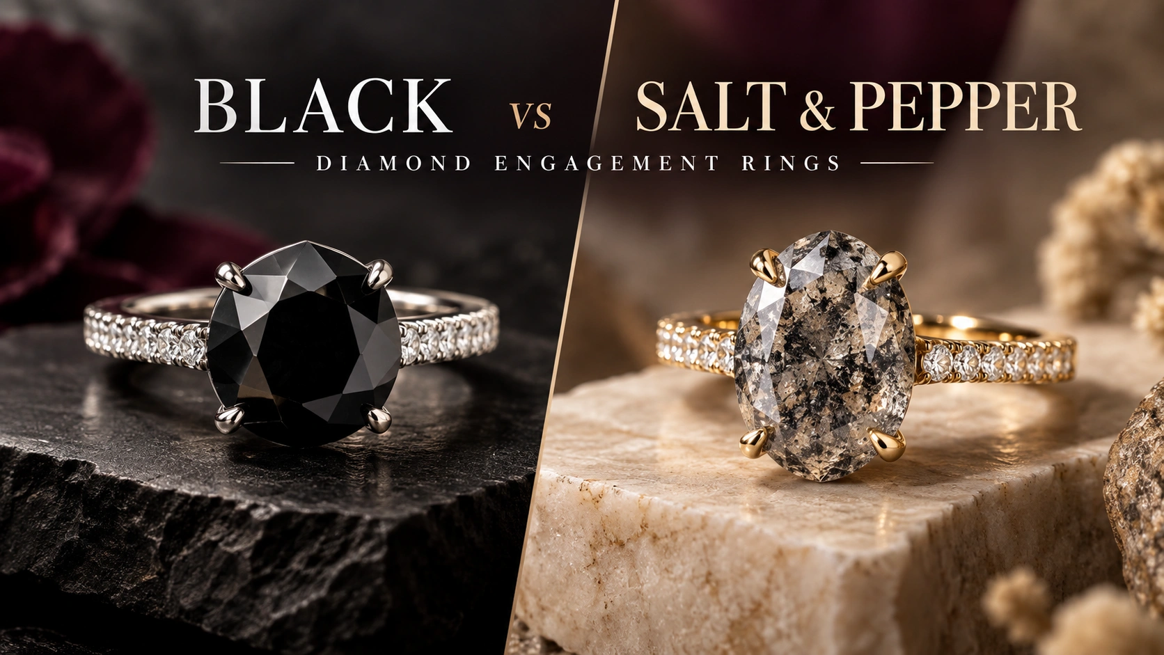 Black diamond vs salt-and-pepper diamond engagement rings comparison
