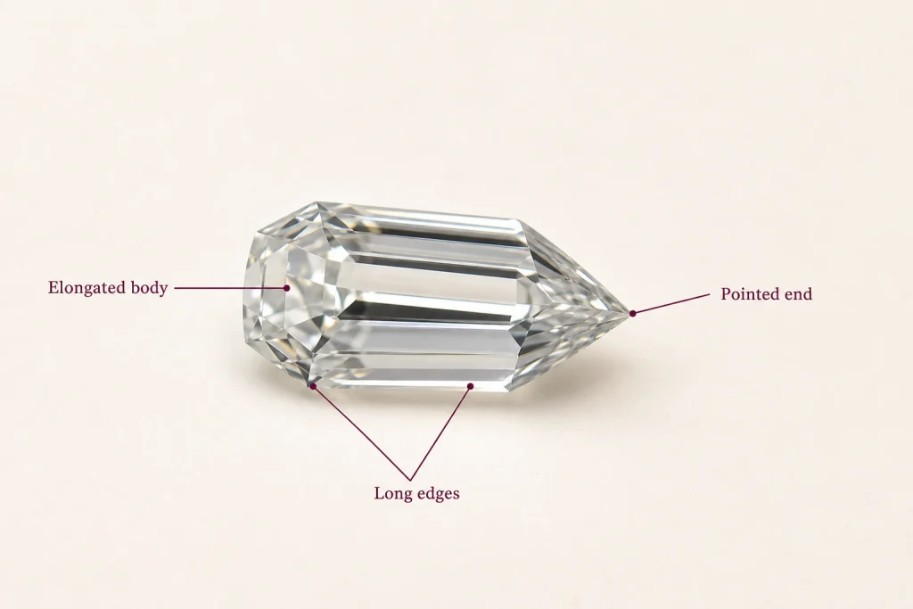 Bullet cut diamond shape with elongated body and pointed end