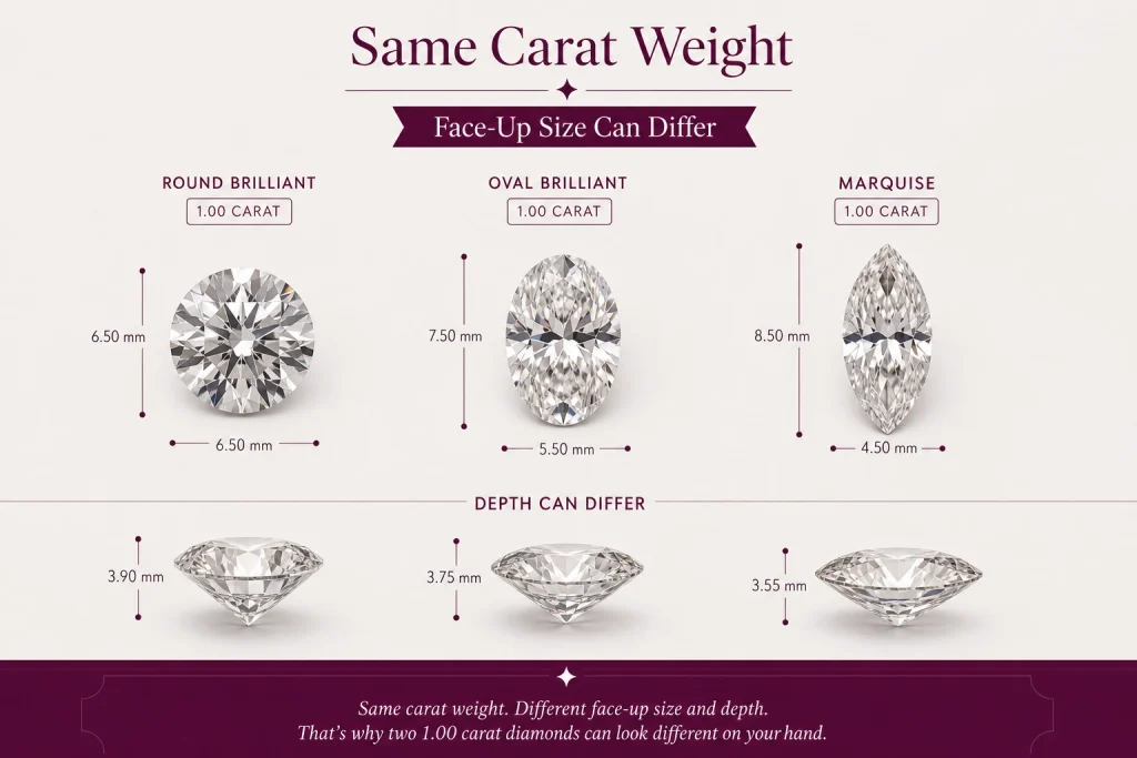 Same carat weight can produce different diamond sizes and measurements
